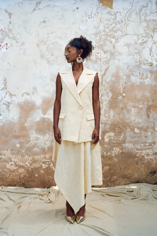 Phola Park Asymmetrical Midi Skirt & Sleeveless Suit Jacket